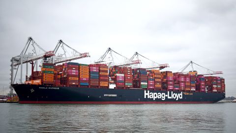 Containers are pictured on the deck of the Minila Express container ship, docked beside cranes at Southampton docks on the south coast of England, on January 16, 2025. (Photo by HENRY NICHOLLS / AFP) (Photo by HENRY NICHOLLS/AFP via Getty Images)