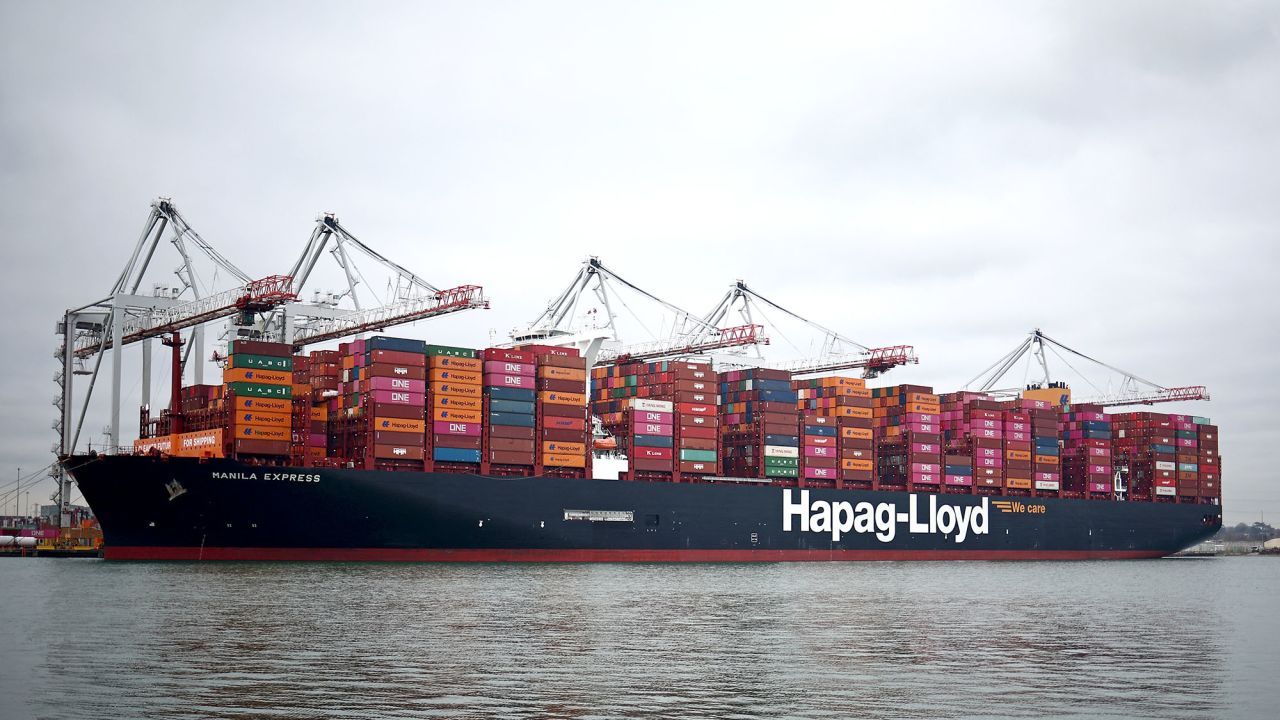 Containers are pictured on the deck of the Minila Express container ship, docked beside cranes at Southampton docks on the south coast of England, on January 16, 2025. (Photo by HENRY NICHOLLS / AFP) (Photo by HENRY NICHOLLS/AFP via Getty Images)