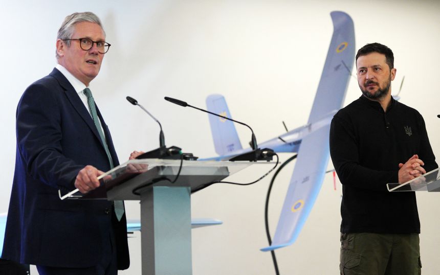 Britain's Prime Minister Keir Starmer and Ukraine's President Volodymyr Zelensky speak to members of the media after attending a presentation of Ukrainian military drones in Kyiv, Ukraine on January 16, 2025.