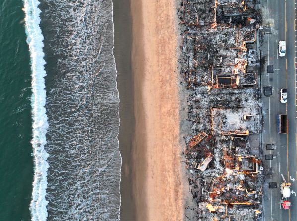 The remains of beachside homes are seen along Pacific Coast Highway in Malibu.