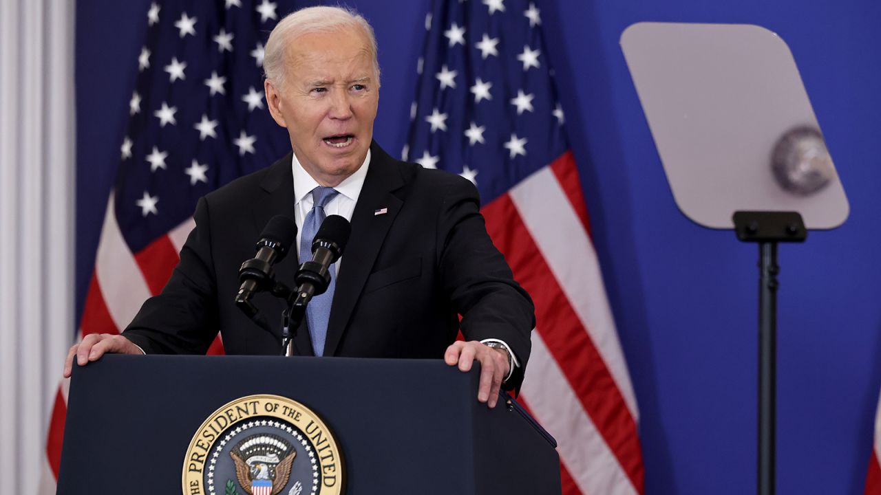 U.S. President Joe Biden delivers a speech about his foreign policy achievements in the Ben Franklin Room at the State Department's Harry S. Truman headquarters building on January 13, 2025 in Washington, DC.