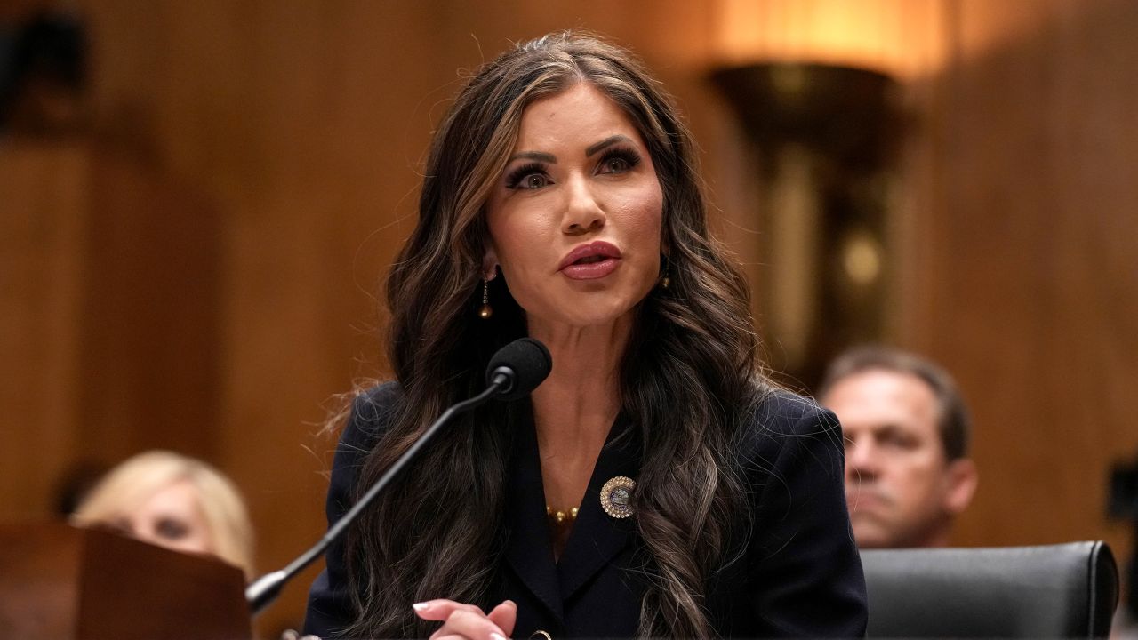 South Dakota Gov. Kristi Noem, President-elect Donald Trump’s nominee for Secretary of the Department of Homeland Security, speaks during her confirmation hearing before the Homeland Security and Governmental Affairs Committee on Capitol Hill on January 17, 2025 in Washington, DC. Noem is expected to face questions about the incoming Trump administration’s plans to crack down on illegal immigration.