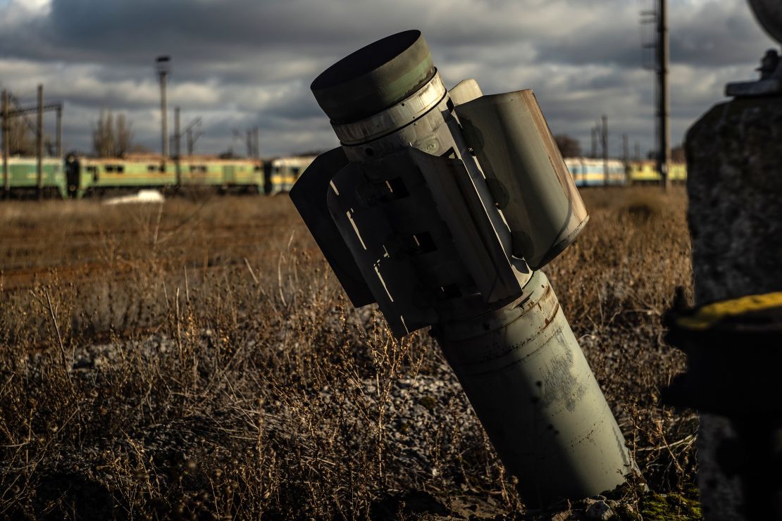 A shell is seen stuck in the ground in Lyman, Ukraine, on January 12.