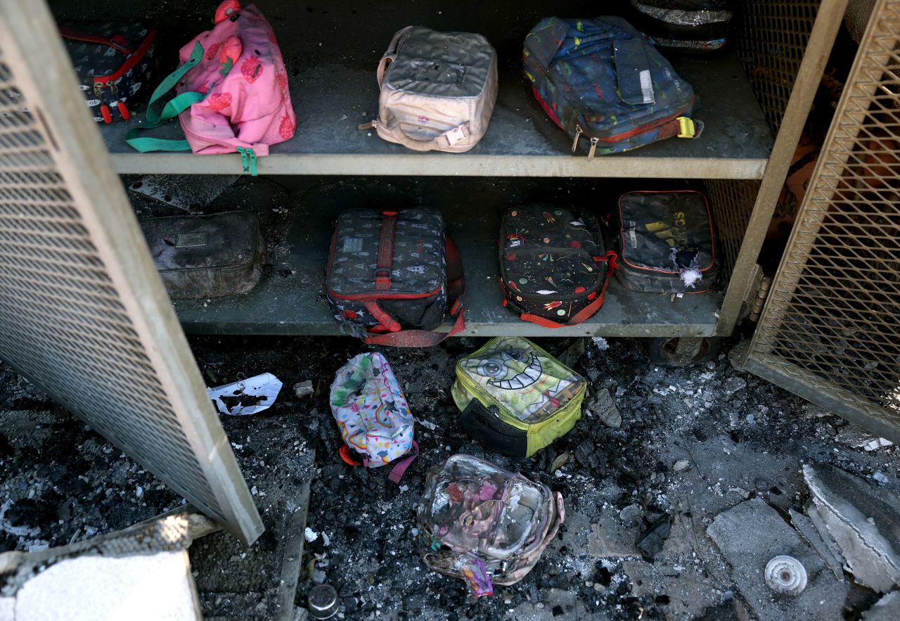 Lunch boxes sit in a locker at the Marquez Charter Elementary School that was destroyed by the Palisades Fire on Tuesday in Pacific Palisades, California.