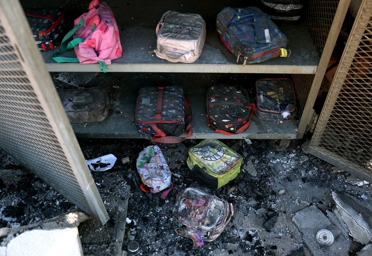 Kids' lunch boxes sit in a locker at the Marquez Charter Elementary School that was destroyed by the Palisades Fire, in Pacific Palisades, California, on Tuesday.