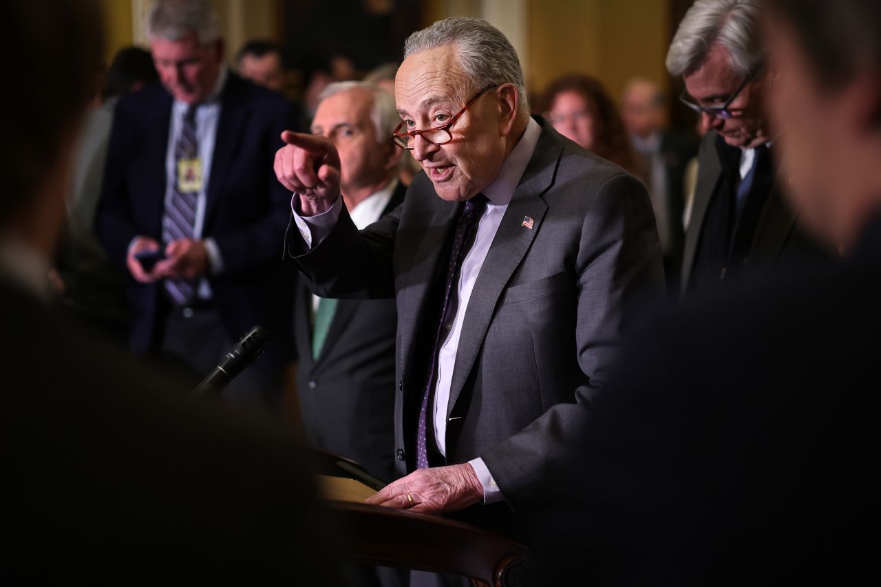 Senate Democratic leader Chuck Schumer calls on reporters following the weekly Senate Democrat caucus policy luncheon at the US Capitol in Washington, DC on Tuesday.