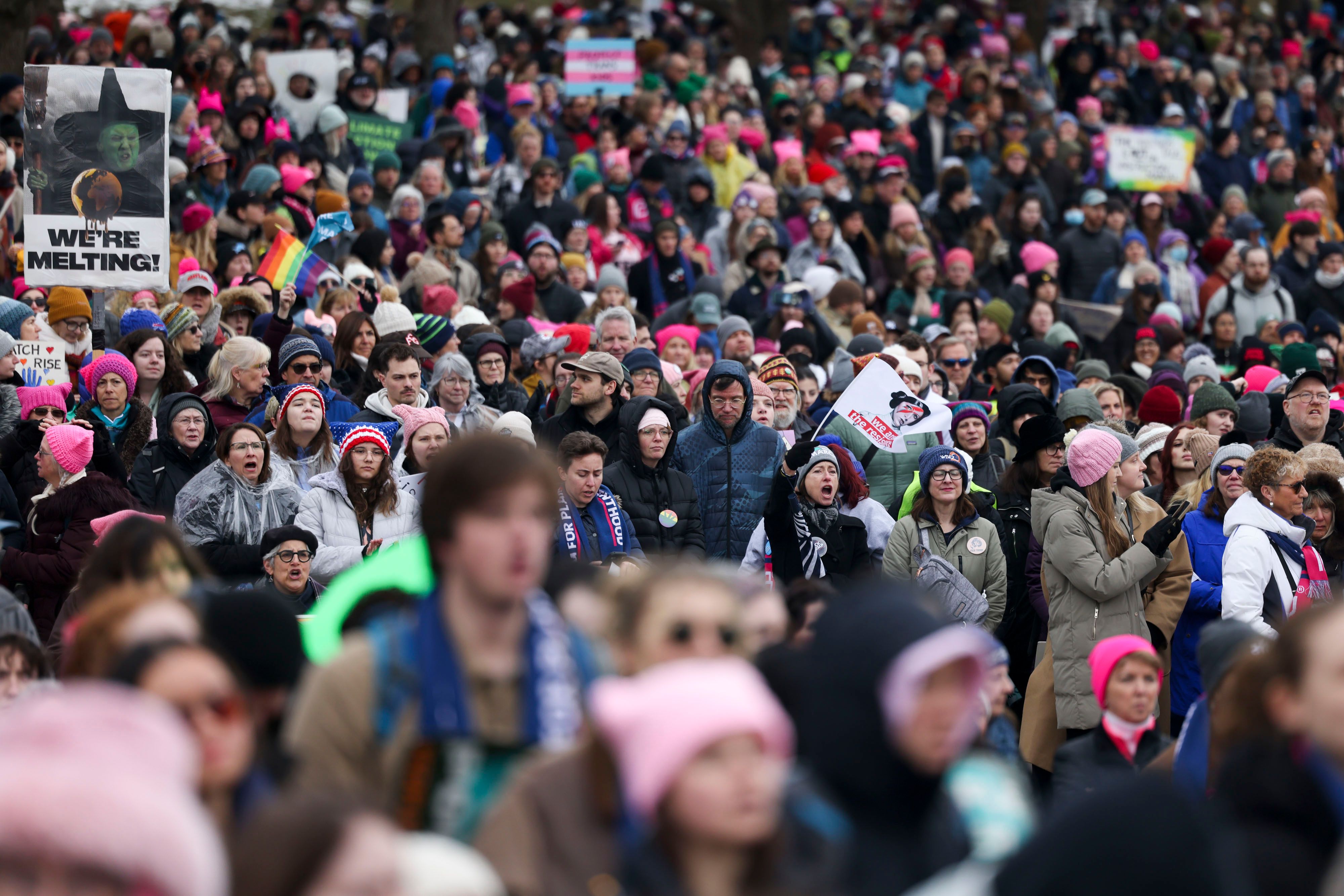 Anti-Trump demonstrators gather near the Lincoln Memorial during the People's March on Saturday.