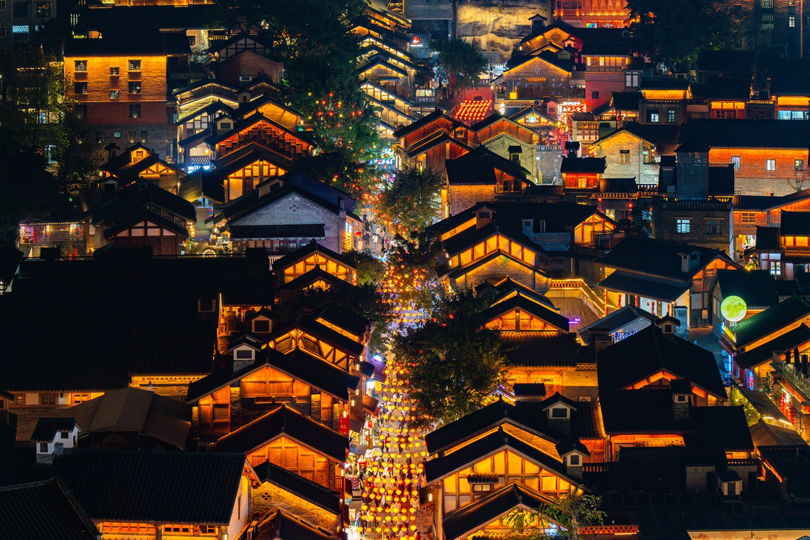 A brightly lit Shibati Traditional Style area in Chongqing, China, on January 18.