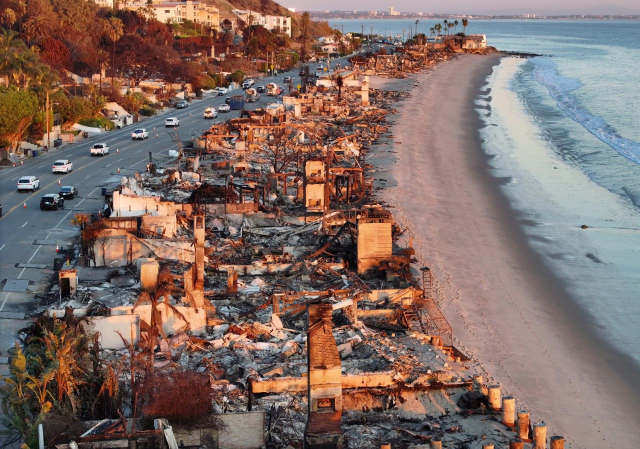 Beachfront homes destroyed in the Palisades Fire are seen on Wednesday.