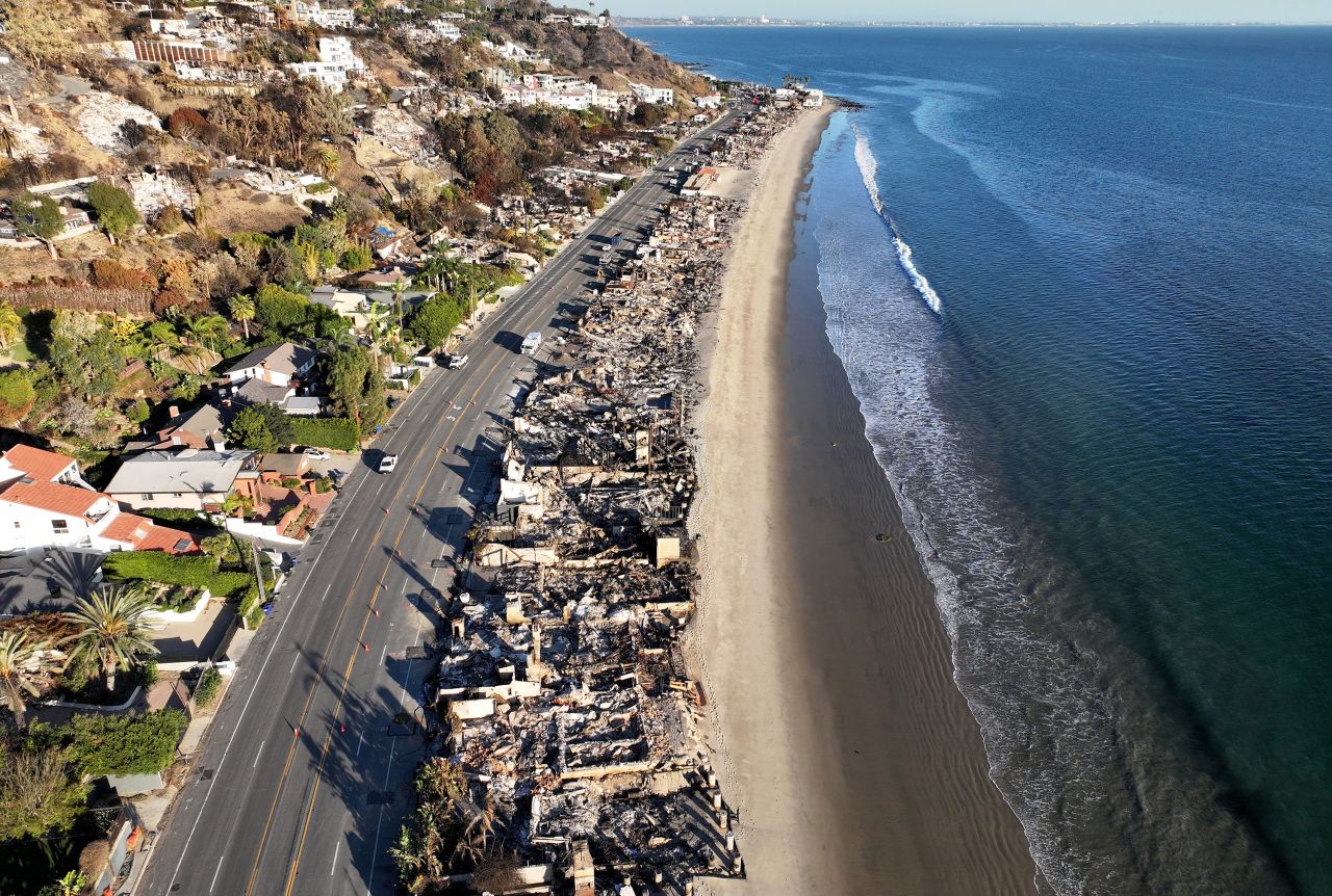 An aerial view of beachfront homes which burned in the Palisades Fire in Malibu, California on Wednesday.