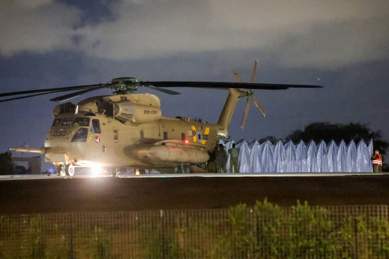 The helicopter transporting three released hostages lands at Sheba Medical Center on Sunday.