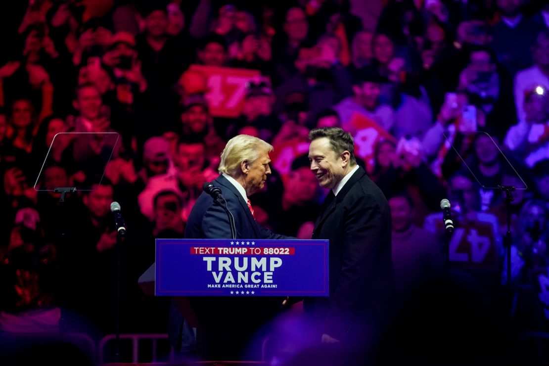 US President-elect Donald Trump, left, and Elon Musk, chief executive officer of Tesla Inc., during a rally at Capital One Arena ahead of the 60th presidential inauguration in Washington, DC, US, on Sunday, Jan. 19, 2025.