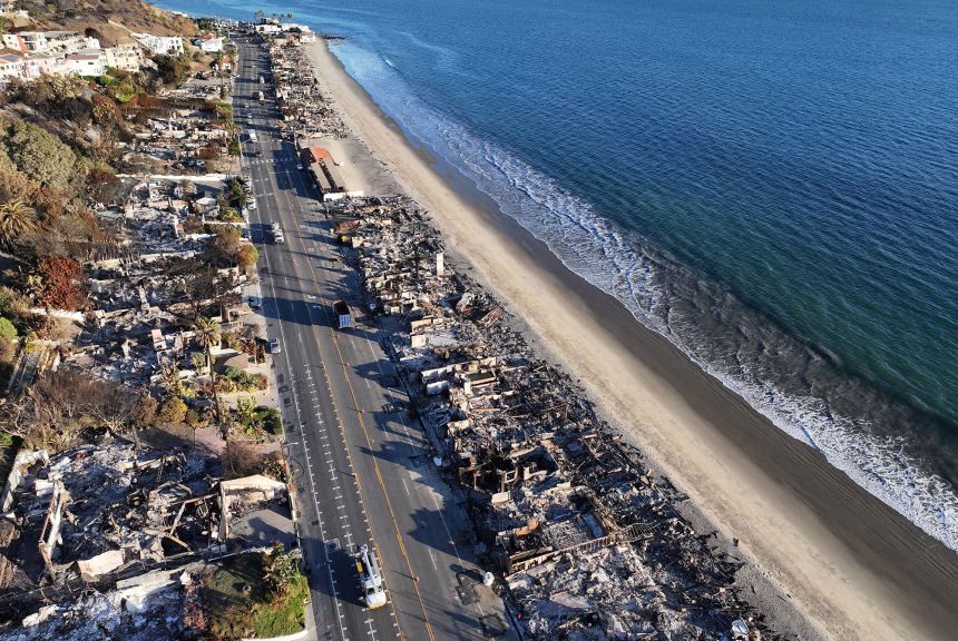 An aerial view of beachside homes destroyed in the Palisades Fire along the Pacific Coast Highway on January 16, in Malibu, California.