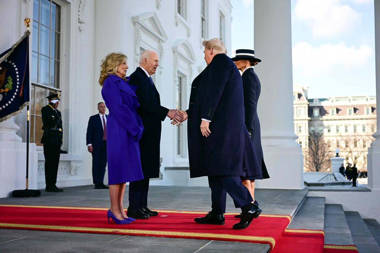 President Joe Biden and first lady Jill Biden greet President-elect Donald Trump and Melania Trump as they arrive at the White House in Washington, DC on Monday.