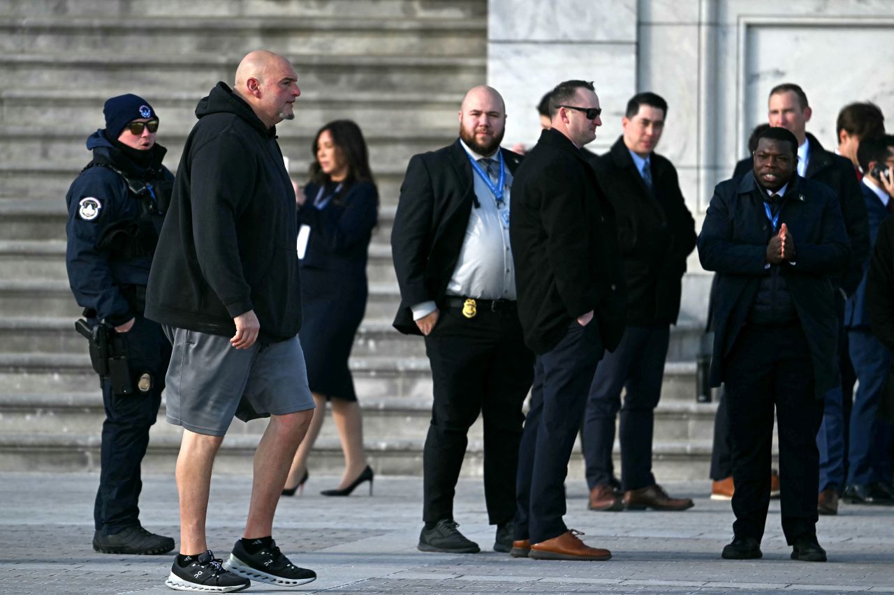 Sen. John Fetterman arrives at the Capitol on Monday.