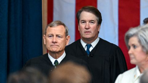 Chief Justice John Roberts and Justice Brett Kavanaugh arrive for the inauguration of U.S. President-elect Donald Trump in the U.S. Capitol Rotunda on January 20, 2025 in Washington, DC.