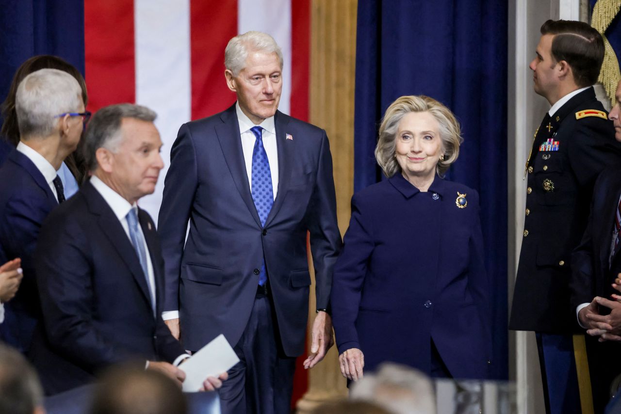 Former President Bill Clinton and former Secretary of State Hillary Clinton arrive for the inauguration ceremony on Monday.