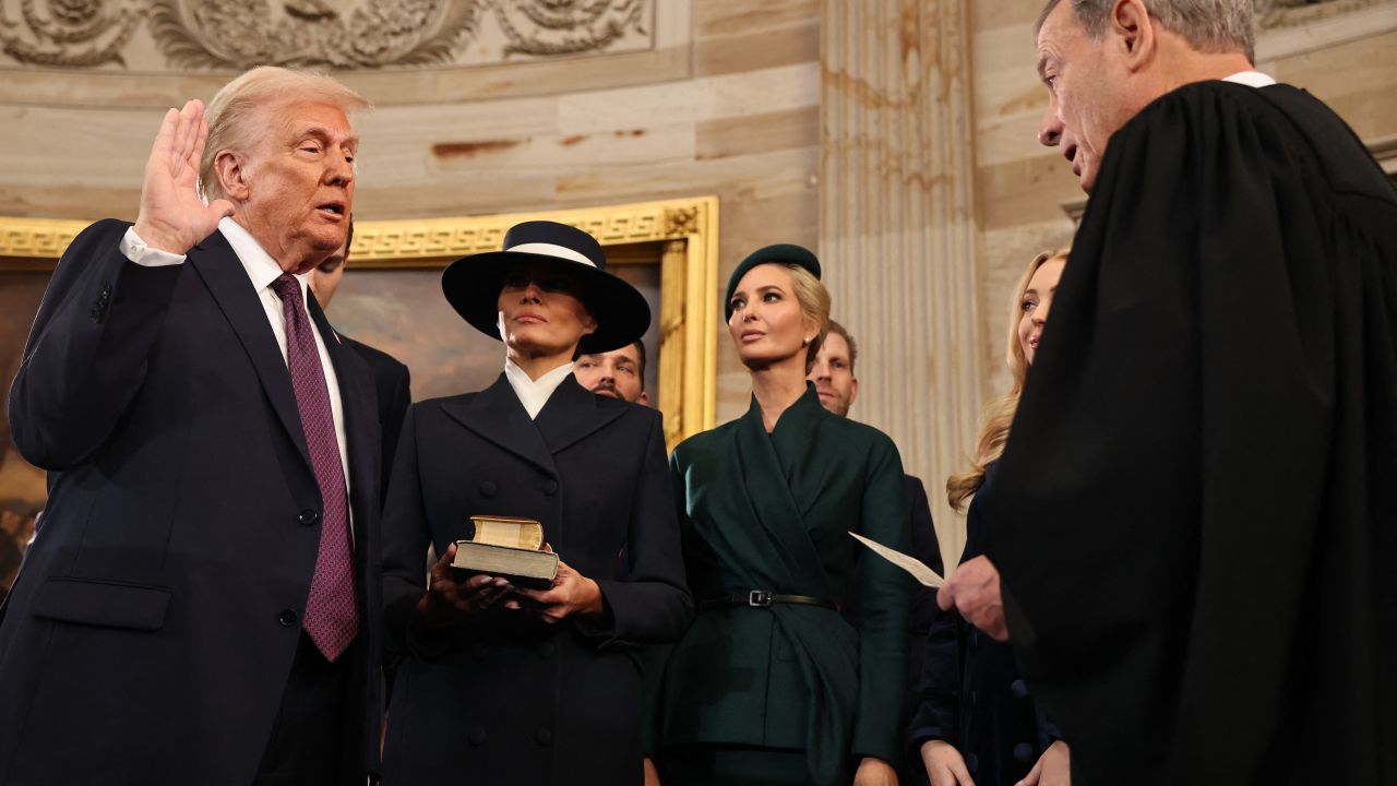 US President-elect Donald Trump takes the oath of office from US Supreme Court Chief Justice John Roberts during inauguration ceremonies in the Rotunda of the US Capitol on January 20, 2025 in Washington, DC. Donald Trump takes office for his second term as the 47th president of the United States. (Photo by Chip Somodevilla / POOL / AFP) (Photo by CHIP SOMODEVILLA/POOL/AFP via Getty Images)