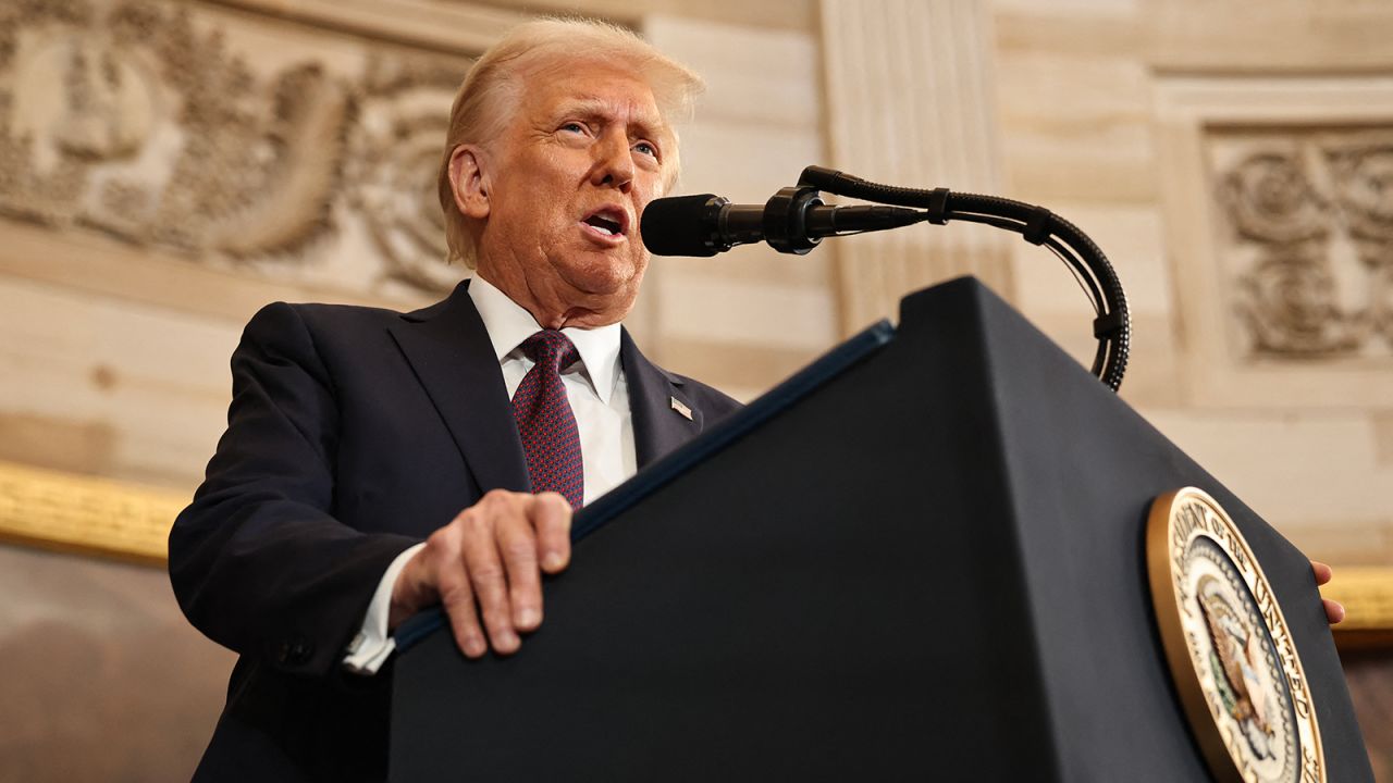 US President Donald Trump delivers his inaugural address after being sworn in as the the 47th president of the United States in the Rotunda of the US Capitol on January 20, 2025 in Washington, DC.