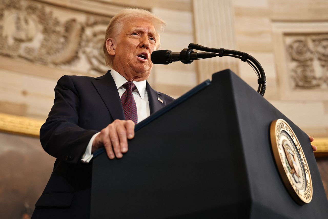 US President Donald Trump delivers his inaugural address after being sworn in as the 47th president of the United States in Washington, DC, on January 20.