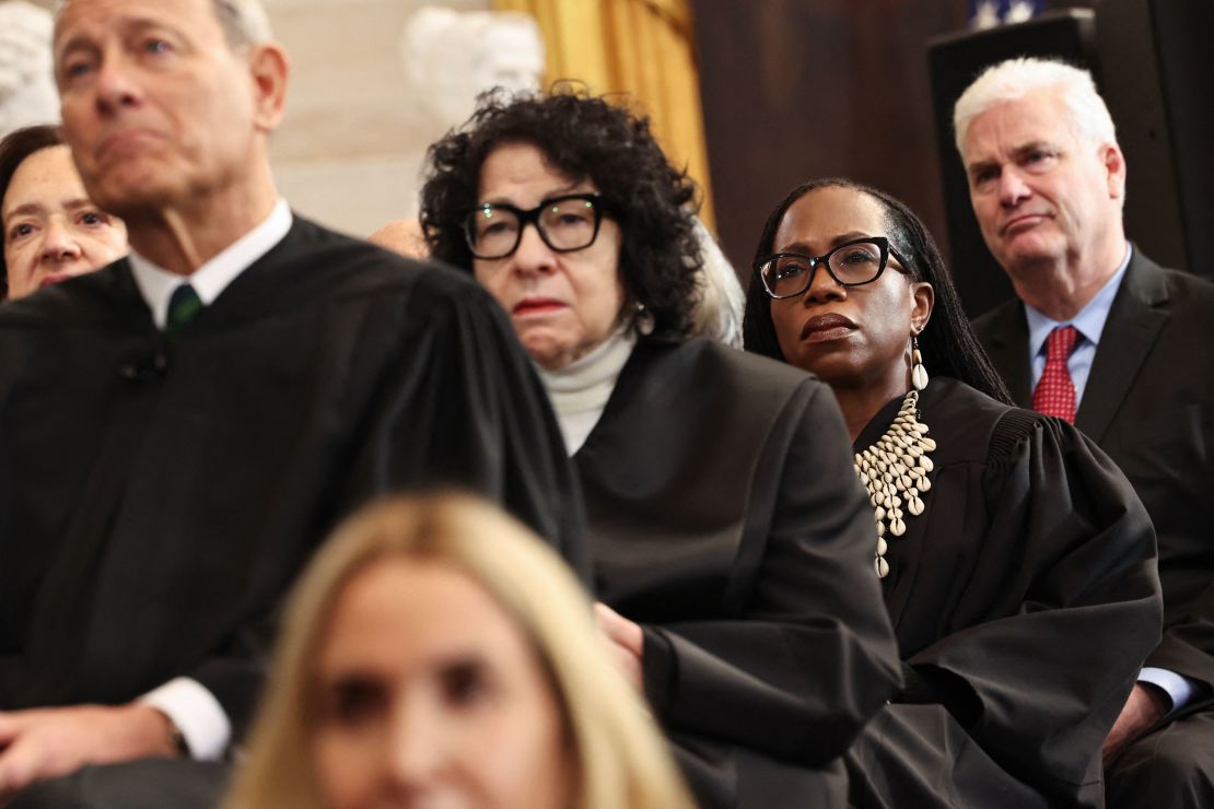 Justice Ketanji Brown Jackson, second from right, listens as President Donald Trump speaks during his inauguration ceremonies at the Capitol in Washington, DC, on January 20.