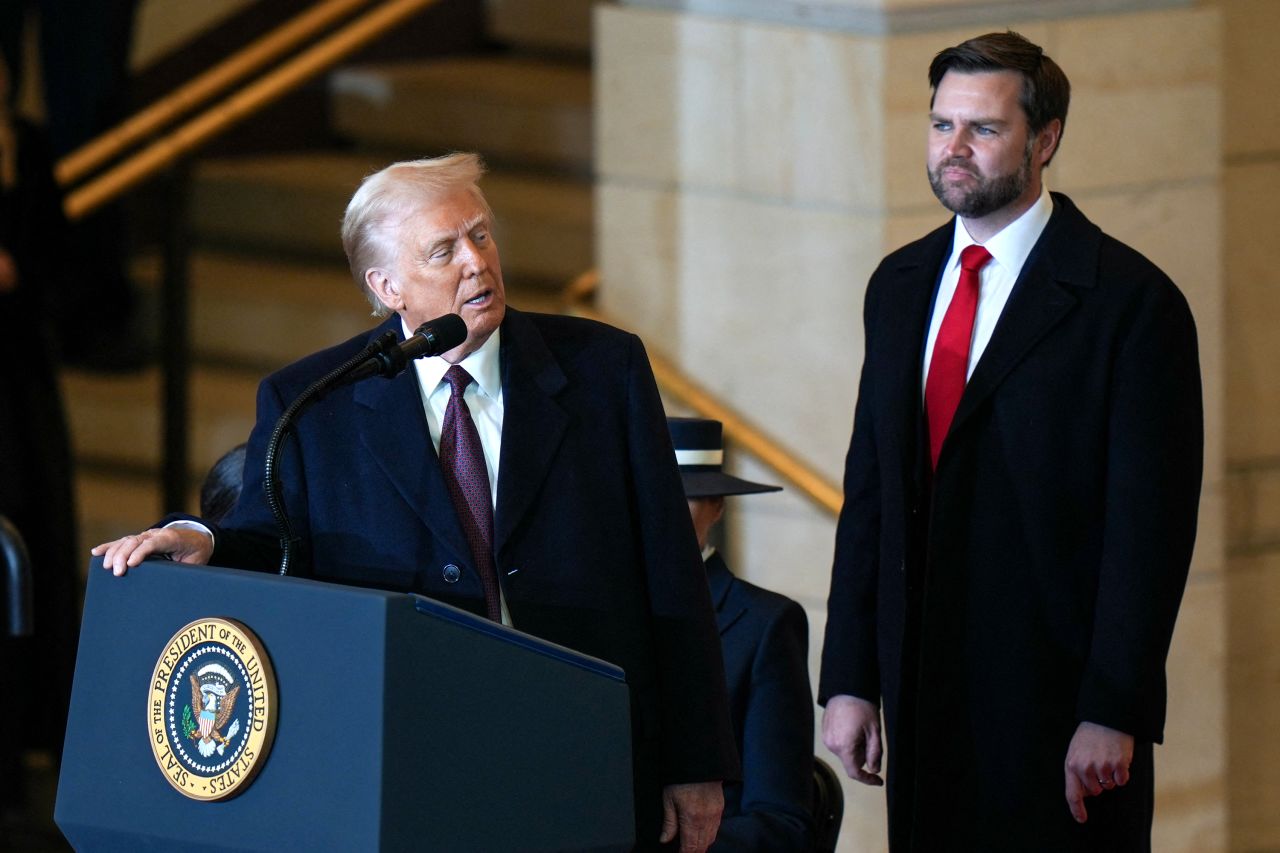 President Donald Trump delivers remarks in Emancipation Hall in Washington, DC on Monday.