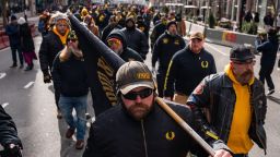 WASHIGTON D.C., UNITED STATES - JANUARY 20: The proud boys a nationalist extremist group who led efforts to over throw the 2021 United States election on January 6,2021 make their way to Capitol One Arena where a celebration rally will be held following the Inauguration of President-elect Donald Trump and Vice President-elect JD Vance who will sworn in on January 20,2025 in an indoor ceremony in the rotunda of the U.S. Capitol with a celebration at the Arena after, in Washington D.C., United States on January 20, 2025. (Photo by Seth Herald/Anadolu via Getty Images)