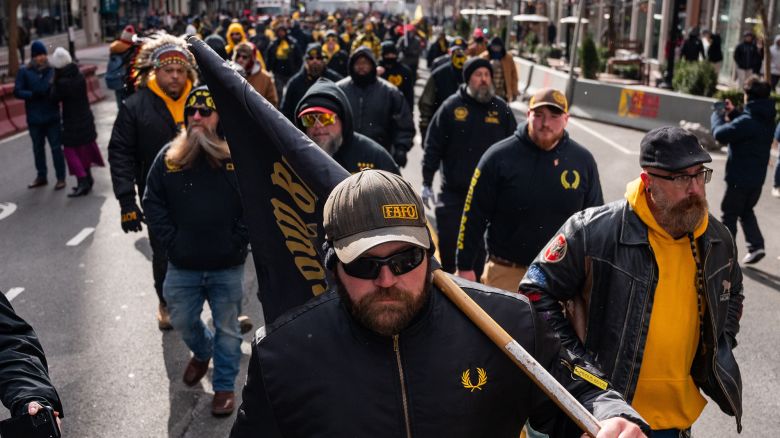 WASHIGTON D.C., UNITED STATES - JANUARY 20: The proud boys a nationalist extremist group who led efforts to over throw the 2021 United States election on January 6,2021 make their way to Capitol One Arena where a celebration rally will be held following the Inauguration of President-elect Donald Trump and Vice President-elect JD Vance who will sworn in on January 20,2025 in an indoor ceremony in the rotunda of the U.S. Capitol with a celebration at the Arena after, in Washington D.C., United States on January 20, 2025. (Photo by Seth Herald/Anadolu via Getty Images)
