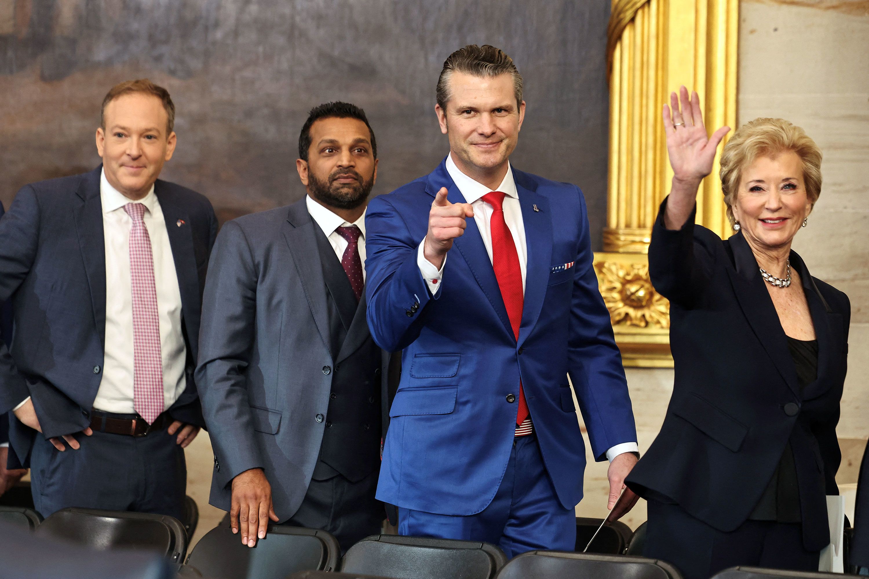 Former Rep. Lee Zeldin, nominee for administrator of the Environmental Protection Agency; Kash Patel, nominee for FBI Director; Pete Hegseth, nominee for Defense Secretary; and Linda McMahon, nominee for Education Secretary, attend Trump's inauguration ceremony on Monday.