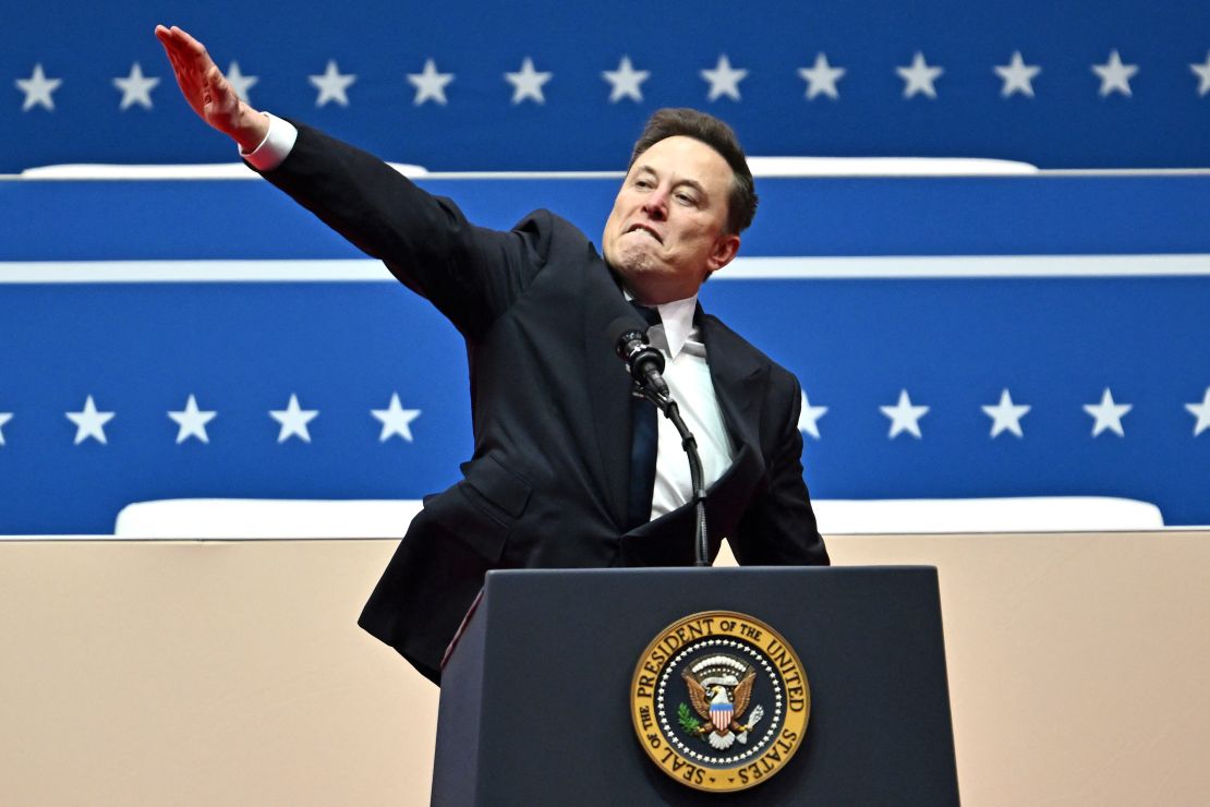 Tesla and SpaceX CEO Elon Musk gestures as he speaks during the inaugural parade inside Capitol One Arena in Washington DC, on January 20.