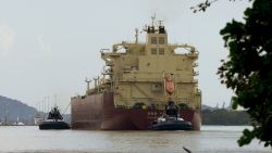 Liberian flagged Hallasan Explorer LPG tanker navigates at the Panama Canal, in Panama on January 20, 2025. Panama on January 20, 2025, rejected President Donald Trump's pledge that the United States would be "taking back" the Panama Canal, saying the key interoceanic waterway would remain under its control. "The canal is and will remain Panama's," President Jose Raul Mulino said in a statement published on social media. (Photo by ARNULFO FRANCO / AFP)