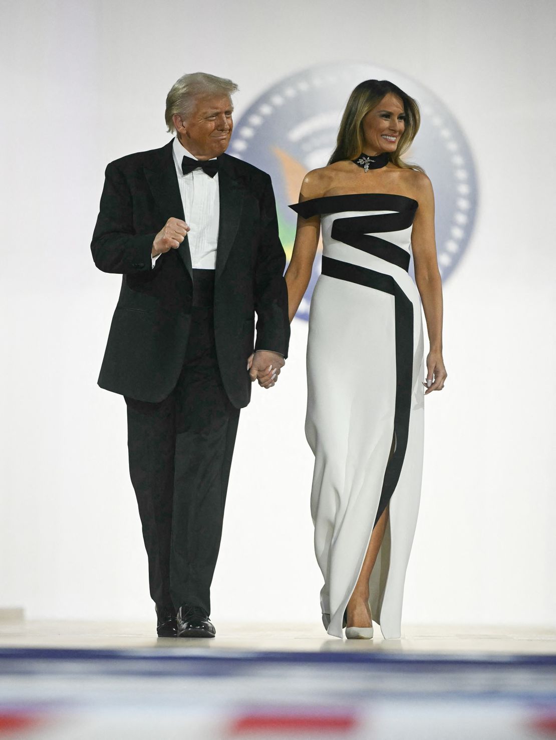 Melania Trump pictured in a Herv Pierre creation at the Commander-In-Chief inaugural ball. Pierre said on Instagram that the gown\