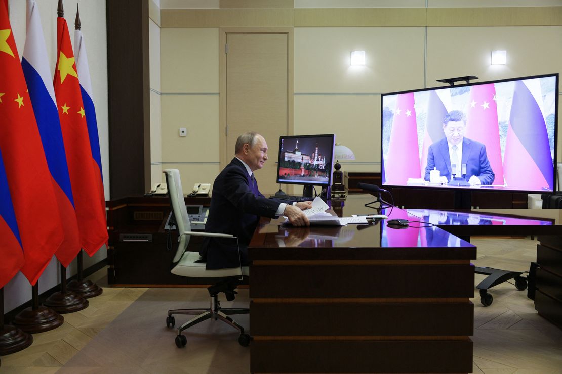 Russian President Vladimir Putin speaks with Chinese leader Xi Jinping via video link from a state residence outside Moscow on January 21, 2025.