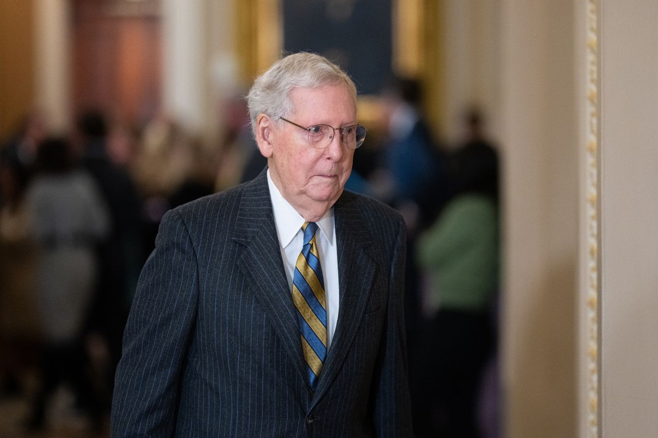 UNITED STATES - JANUARY 21: Sen. Mitch McConnell, R-Ky., arrives for the Senate Republicans' lunch in the Capitol on Tuesday, January 21, 2025. (Bill Clark/CQ-Roll Call, Inc via Getty Images)