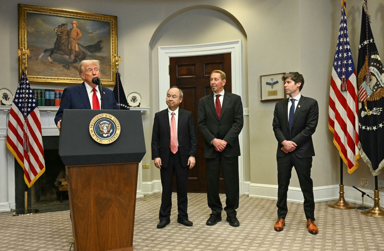 From left, President Donald Trump is seen with Masayoshi Son, Larry Ellison and Sam Altman at the White House on Tuesday.