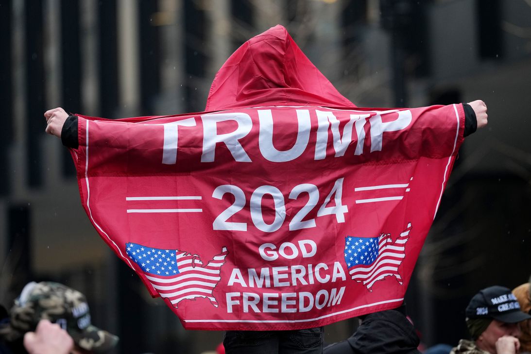 A Trump supporter outside the Capital One Arena ahead of Donald Trump's victory rally on January 19, 2025, in Washington, DC.