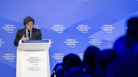 Argentina's President Javier Milei addresses the audience during the World Economic Forum (WEF) annual meeting in Davos on January 23, 2025. Argentina's President Javier Milei defended on January 23, 2025 the "innocent" hand salute made by US billionaire Elon Musk this week, as he slammed "woke ideology" in a fiery speech to the World Economic Forum. (Photo by FABRICE COFFRINI / AFP) (Photo by FABRICE COFFRINI/AFP via Getty Images)