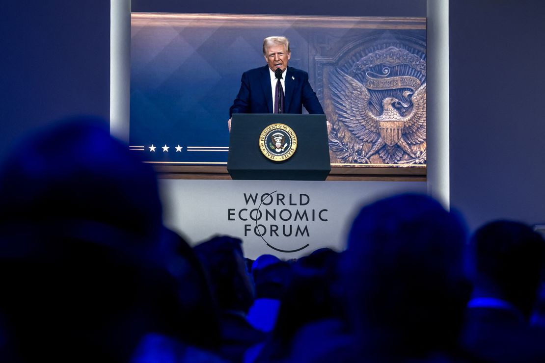 President Donald Trump addresses the global elite by video conference at the World Economic Forum annual meeting in Davos on January 23.