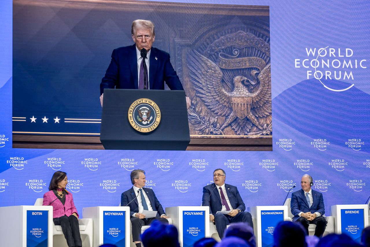 President Donald Trump speaks via video conference at the World Economic Forum annual meeting in Davos, Switzerland, on Thursday.