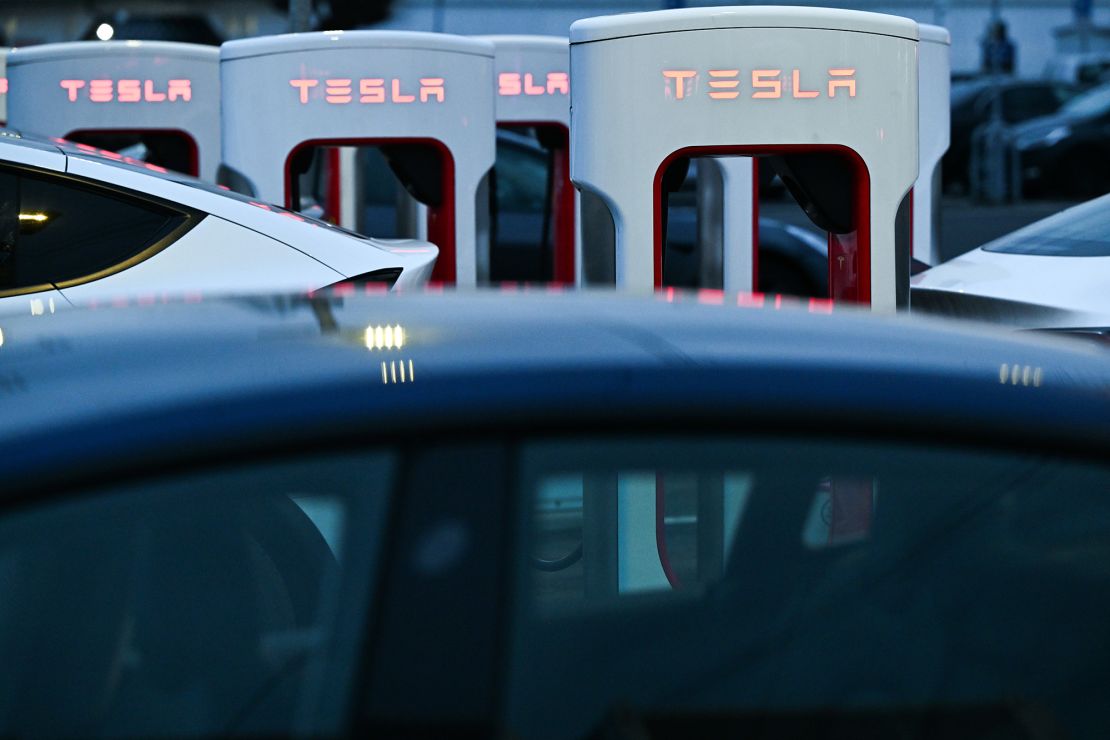 Tesla cars at a charging station in Germany.