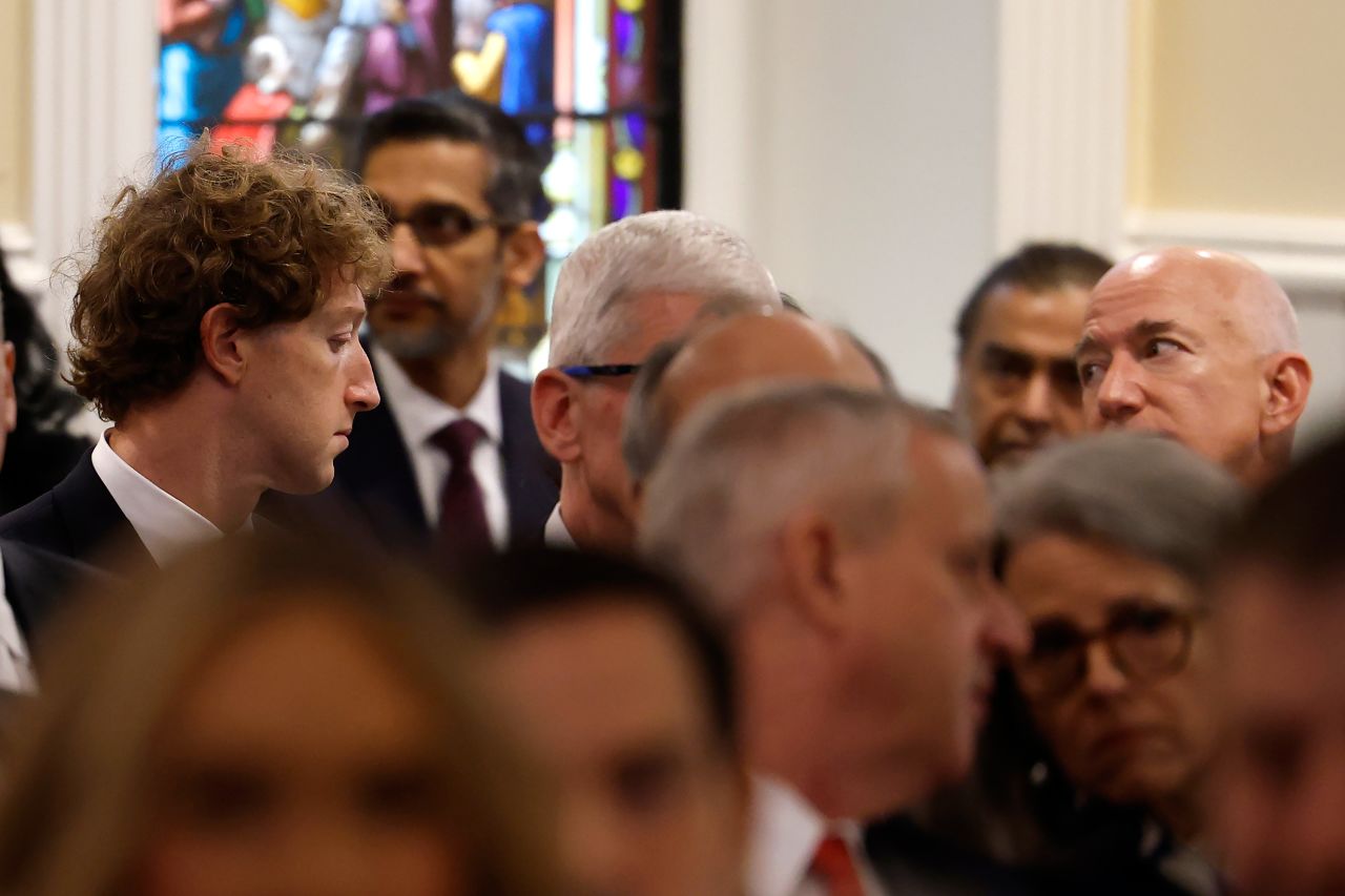 Meta CEO Mark Zuckerberg, Google CEO Sundar Pichai, Apple CEO Tim Cook and Amazon founder Jeff Bezos attend services at St. John's Church in Washington, DC on Monday.