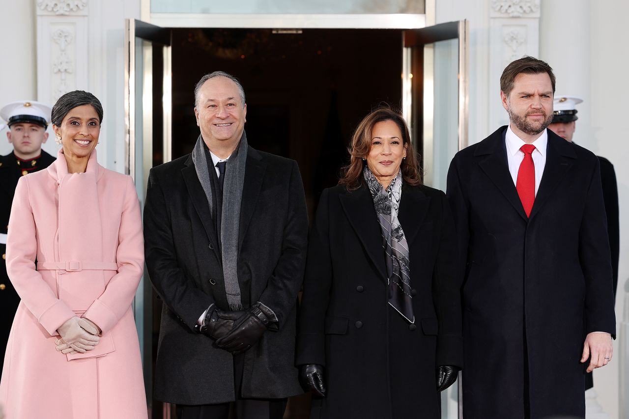 From left, Usha Vance, second gentleman Doug Emhoff, Vice President Kamala Harris and Vice President-elect JD Vance  stand together at the White House on Monday.