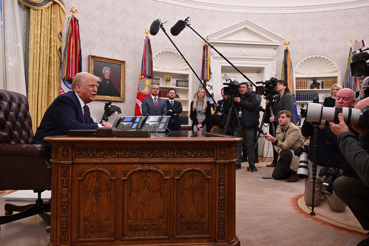 President Donald Trump speaks to the press in the Oval Office on Thursday.