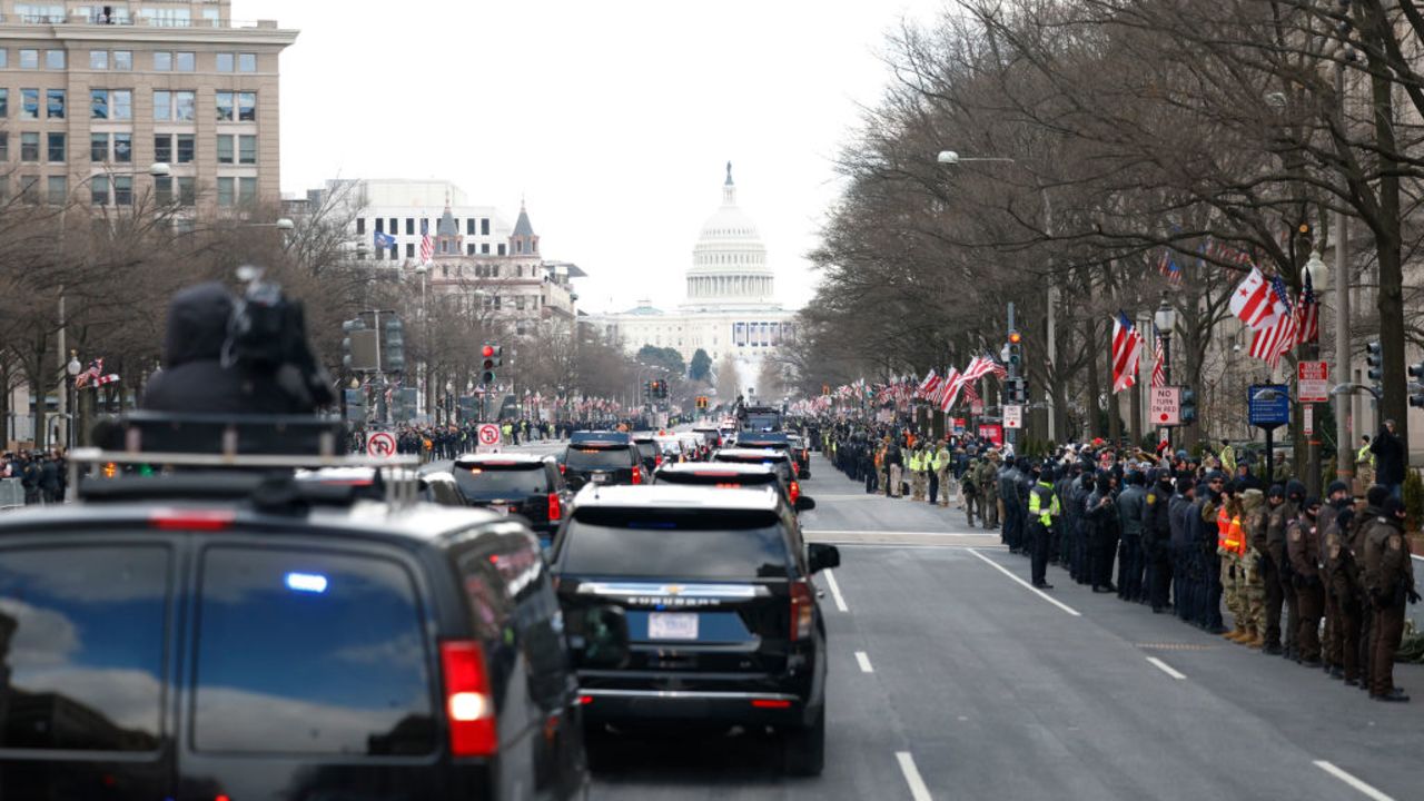 WASHINGTON, DC - JANUARY 20: The motorcade heads to the U.S. Capitol for the inauguration of U.S. President-elect Donald Trump on January 20, 2025 in Washington, DC. Donald Trump takes office for his second term as the 47th president of the United States. (Photo by Anna Moneymaker/Getty Images)