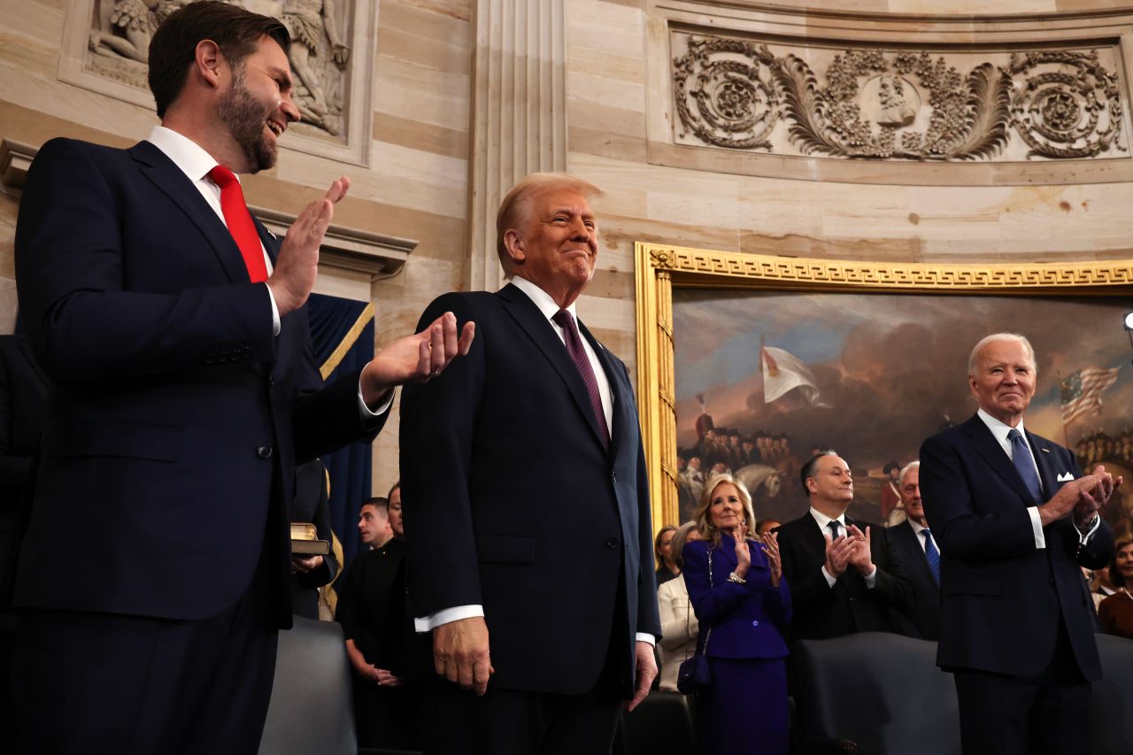 President-elect Donald Trump arrives to inauguration ceremonies in the Capitol Rotunda on Monday.