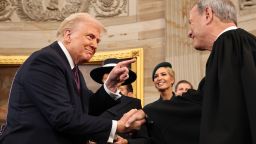U.S. President Donald Trump gestures to U.S. Supreme Court Chief Justice John Roberts after he was sworn in during inauguration ceremonies in the Rotunda of the U.S. Capitol on January 20, 2025 in Washington, DC.