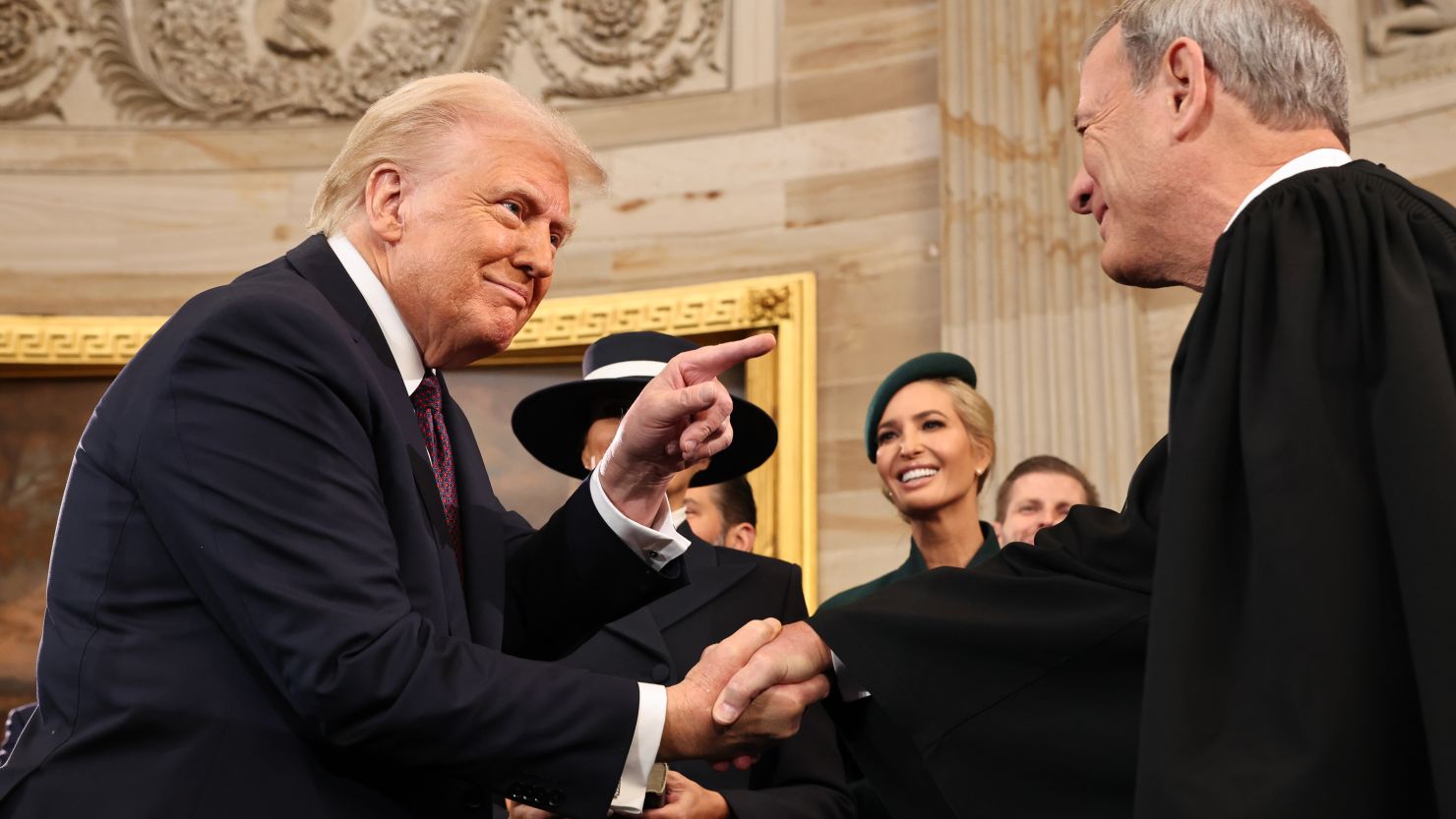 U.S. President Donald Trump gestures to U.S. Supreme Court Chief Justice John Roberts after he was sworn in during inauguration ceremonies in the Rotunda of the U.S. Capitol on January 20, 2025 in Washington, DC.