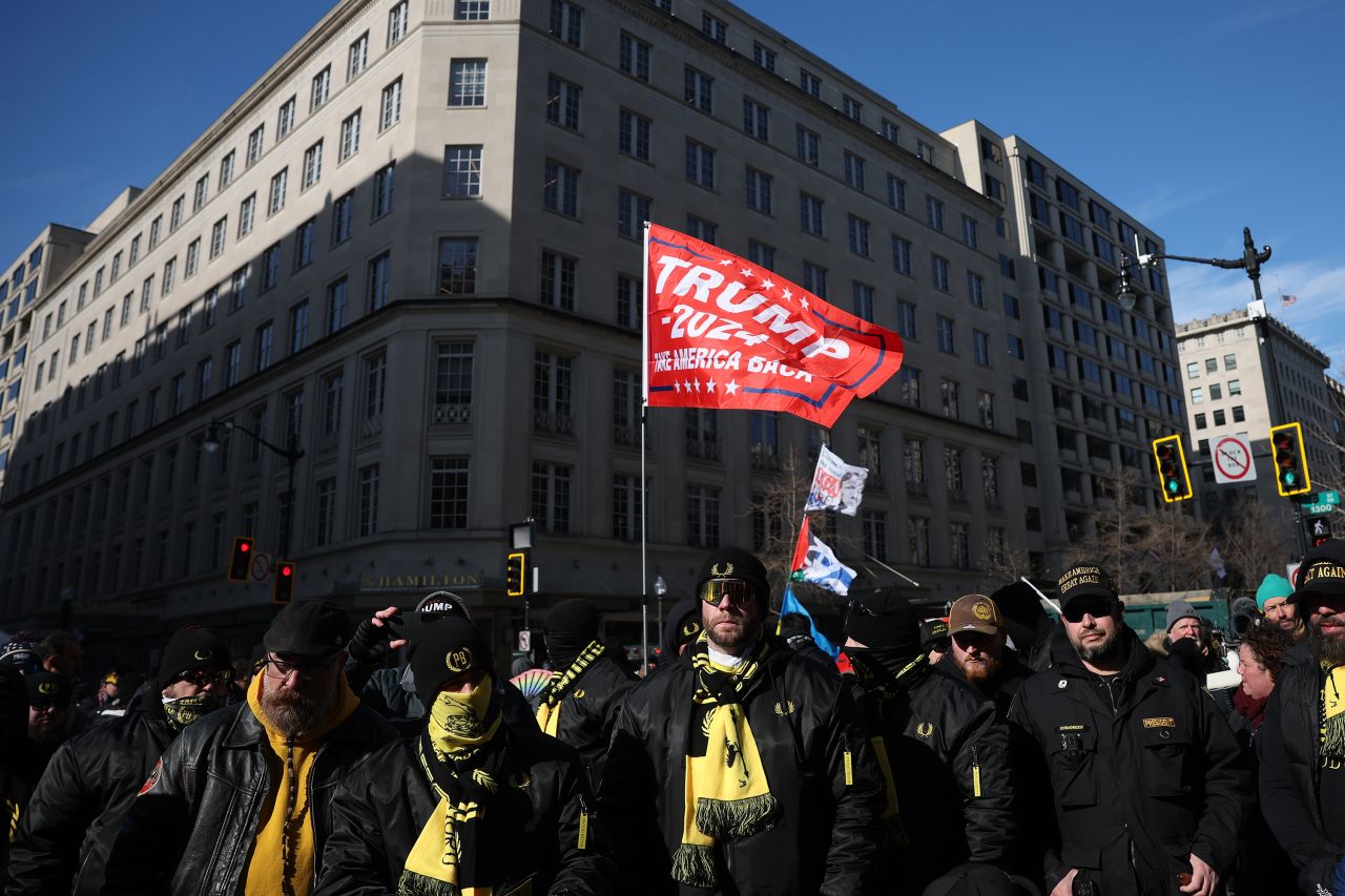 Members of the Proud Boys march during President Donald Trump's inauguration in Washington, DC on Monday.