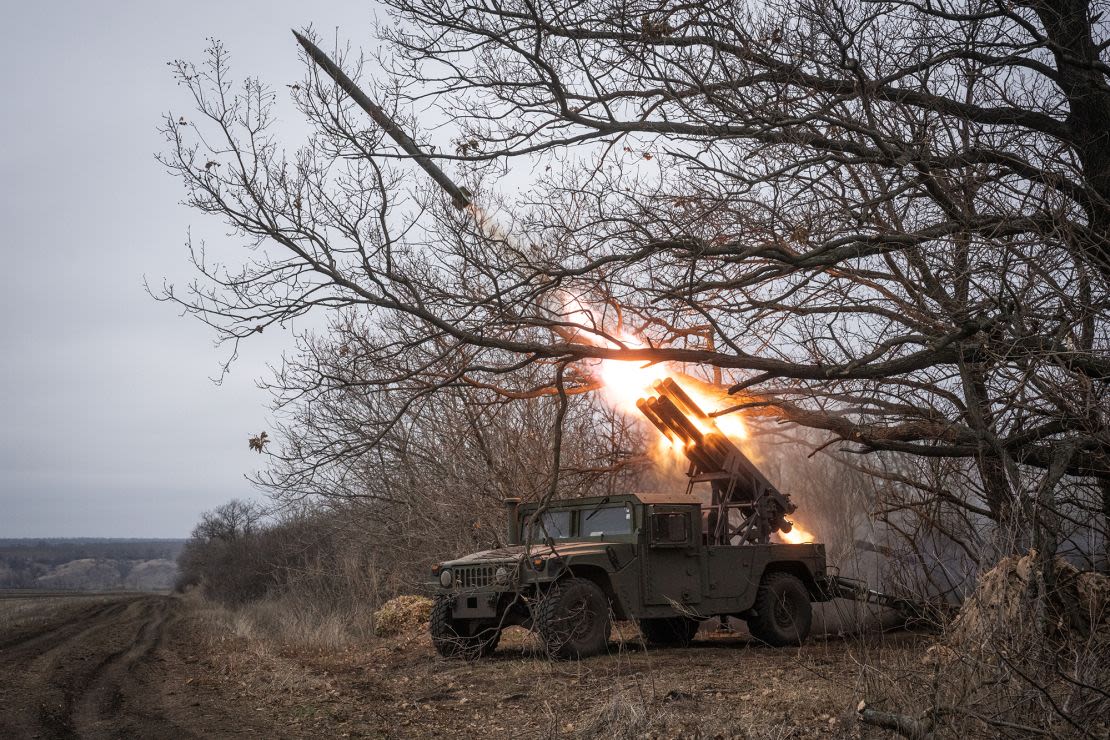 Ukrainian soldiers from the 111th Brigade operate a U.S. Humvee equipped with a Soviet-era Grad launcher in Donetsk, Ukraine, on Thursday.