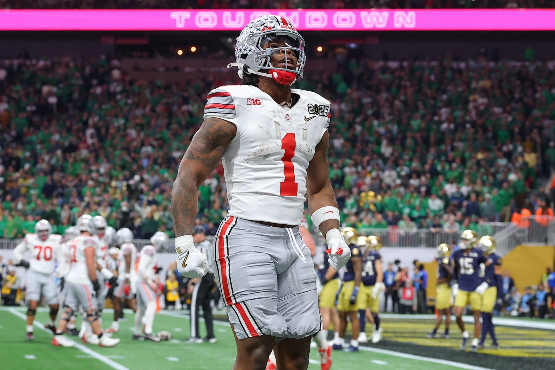 OSU's Quinshon Judkins reacts after a touchdown against Notre Dame in the title game.